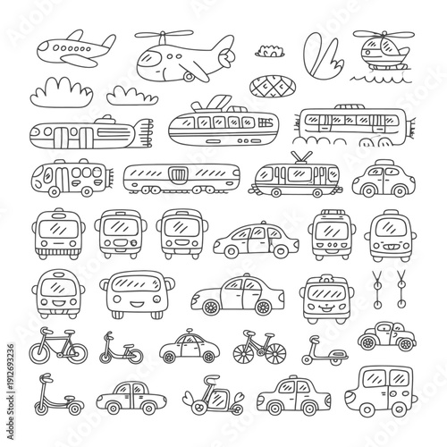 Transportation Sketch: A playful collection of hand-drawn vehicles. The illustration includes aircraft, watercraft, and land vehicles, all rendered in simple lines.