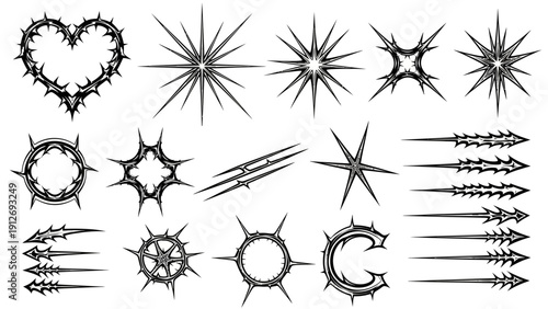 black tribal thorny vector elements heart starburst arrow circle designs sharp edgy for tattoo art gothic punk graphics.