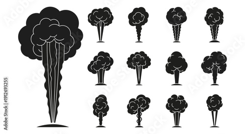 black vector smoke icons set depicting diverse explosion steam and upward eruptions graphic design and game elements.