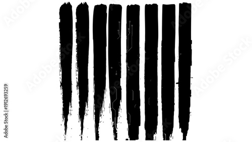 black vertical brush strokes with circuit board patterns create a textured abstract design on white blending grunge and digital tech.