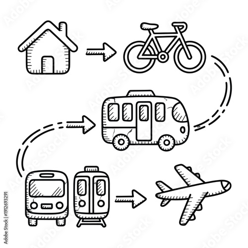 Journey with Illustration: Illustrated modes of transport, showing how to travel from home to anywhere.