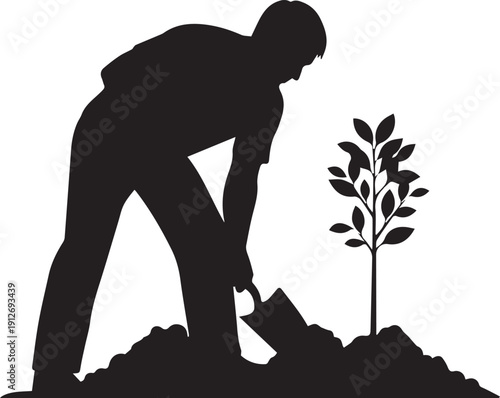 Gardener planting tree silhouette illustration using shovel for landscaping work line art