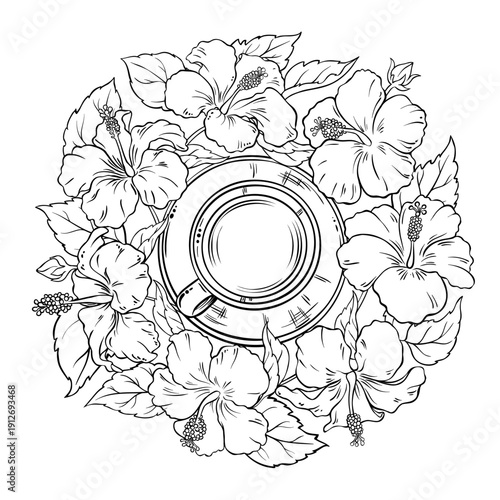 Cup of Hibiscus Tea aroma beverage Outline Illustration. Vector isolated for Design and Decoration for Cafeteria, Posters, Banners, Cards.