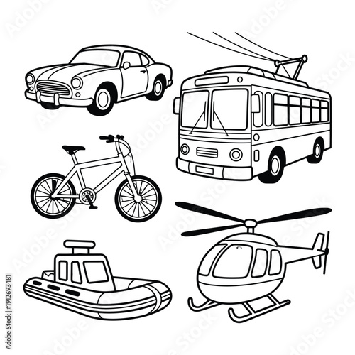 Vehicles Transportation: An array of transportation modes, each meticulously outlined in crisp detail, ready to traverse the world 
