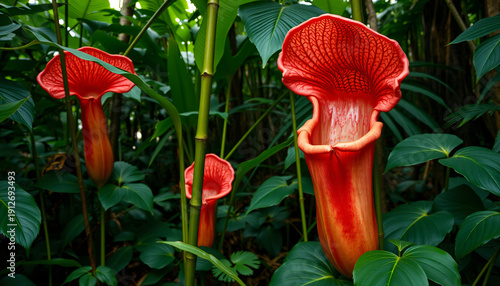 Exotic tropical pitcher plant flowers in lush green jungle