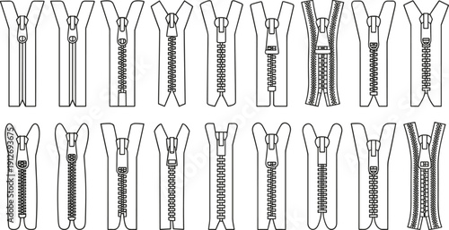 Zipper outline mega collection, clothing fastener line art vector set, sewing garment hardware icons pack for fashion designers