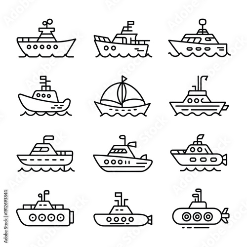 Fleet of Vessels: A collection of various vessels, from sailboats to submarines, rendered in a clean, minimalist style. Explore the world of maritime transport with this graphic array.