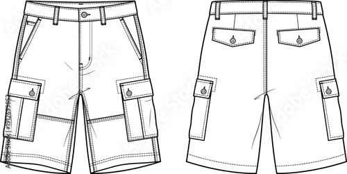 Cargo shorts outline template, front and back view utility pocket apparel mockup vector, minimalist casual menswear clothing technical line art