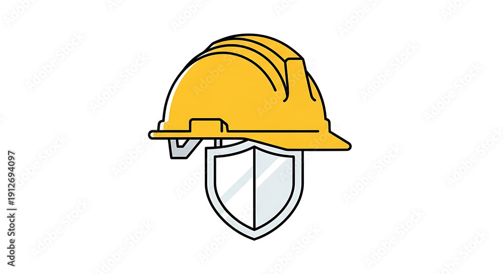 Fototapeta premium Vector icon of a yellow hard hat on a shield, symbolizing robust industrial safety, construction security, and comprehensive worker protection