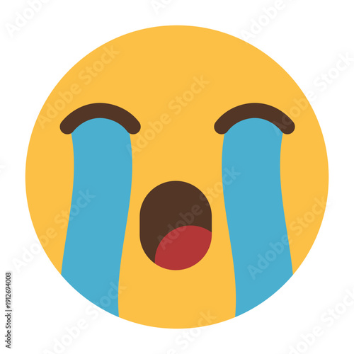 Loudly crying face emoji icon with big tears isolated on transparent background.