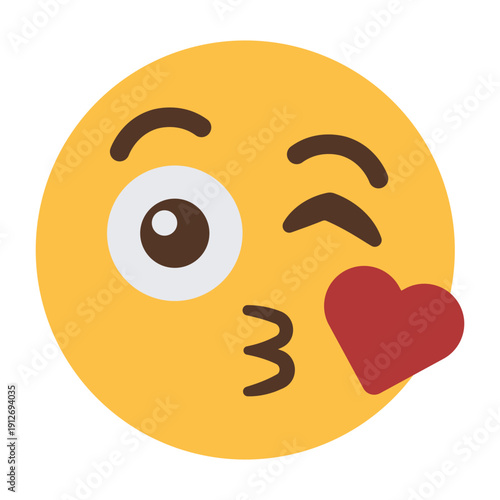 Winking face blowing kiss emoji icon with heart isolated on transparent background.