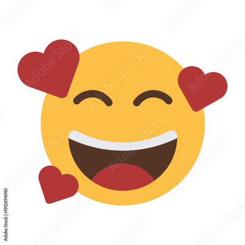Happy laughing face emoji icon with floating hearts isolated on transparent background.