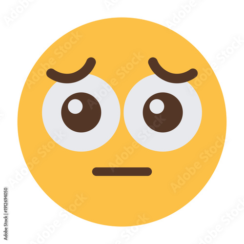Worried face emoji icon with raised eyebrows and flat mouth isolated on transparent background.
