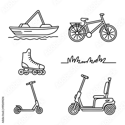 A Collection of Recreational Transportation: An assortment of line art illustrations, capturing a bicycle, inline skate, scooter, motor scooter, and a speed boat in the essence of leisure activities