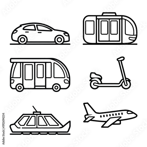 Transportation Icons: A collection of sleek, minimalist transportation icons perfect for any project requiring travel or mobility elements. Showcasing a variety of vehicles.