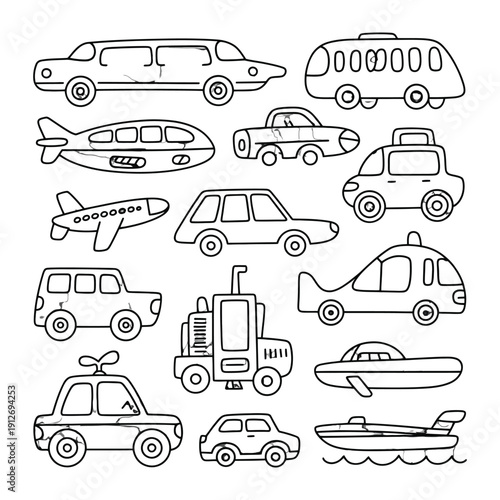 Vehicles Illustrations Collection: A delightful collection of various vehicle illustrations, each meticulously outlined with clean lines, perfect for playful and educational designs. 