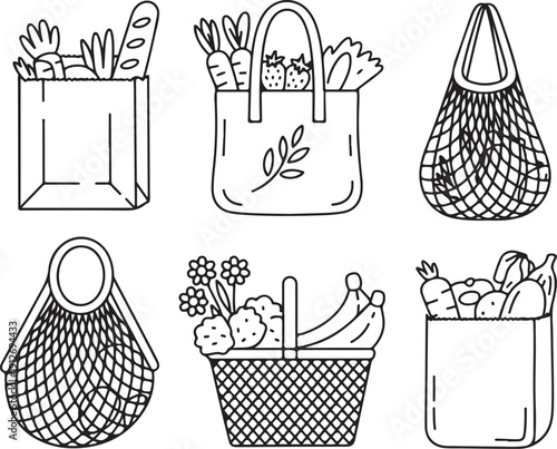 Reusable shopping bags with groceries hand drawn eco lifestyle illustration