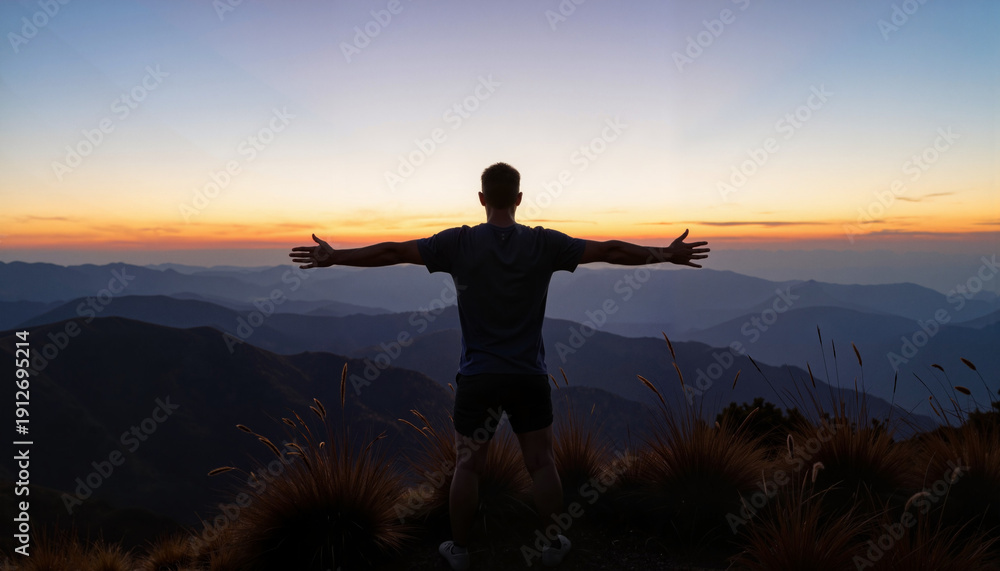 Fototapeta premium Person embracing the horizon on hilltop at sunset, sense of freedom