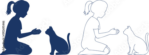 Silhouette and outline of a girl kneeling with a cat