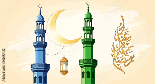 Islamic Minarets with Crescent Moon Symbol.