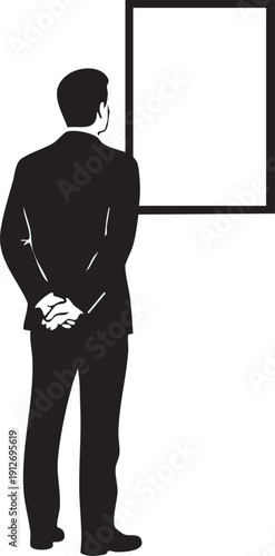 Person standing with hands behind back looking at a wall frame silhouette isolated on white background minimalist art gallery and museum visitor illustration