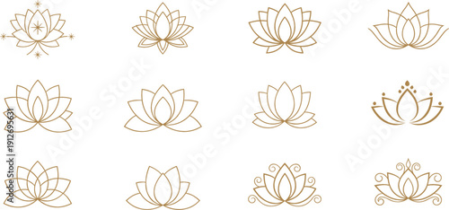 Set of elegant lotus flower line art vector icons decorative floral symbols collection isolated minimal design