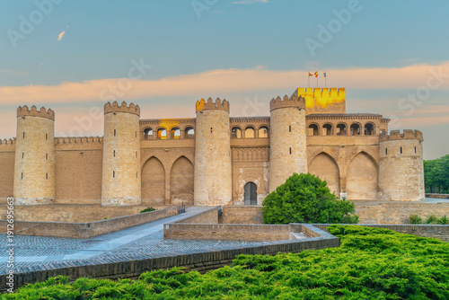 Medieval Aljafería Palace at sunrise in Zaragoza, Spain