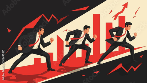 businessmen running uphill on a red path with financial charts symbolizing business growth market success and corporate ambition