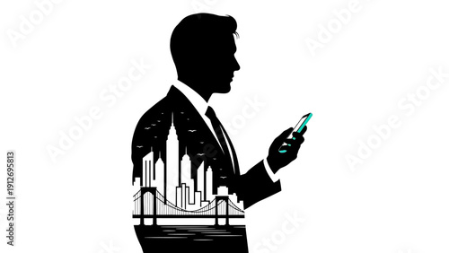 businessman silhouette holding smartphone with city skyline representing global business digital connectivity and modern urban technology.