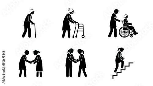 caregiver assistance stick figure icons for elderly and disabled depicting mobility support with walking aids wheelchairs and personal care.