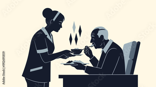 caregiver serving warm meal to elderly man at table for compassionate elder care home health assistance and senior support.