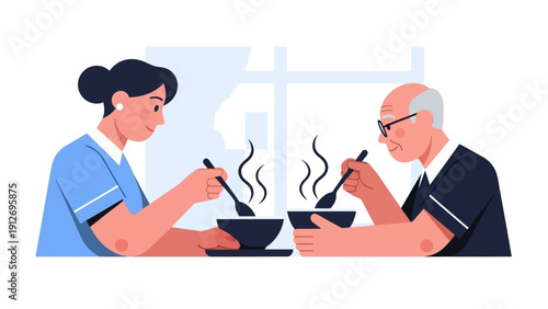 caregiver woman assisting senior man with a warm meal depicting elderly support home care services and companionship.