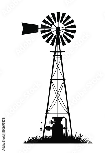 Silhouette of windmill, vector icon for ranked renewable energy graphics, sustainable design projects, countryside illustrations, environmental visuals, farm and agriculture layouts,