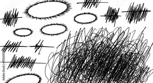 chaotic hand drawn scribbles and distressed oval frames on white depicting confusion anxiety and stress ideal for expressive graphic design.