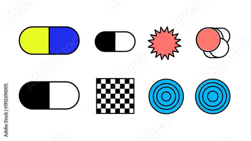 colorful minimalist vector geometric design elements capsules checkerboard and concentric circles for modern digital projects.