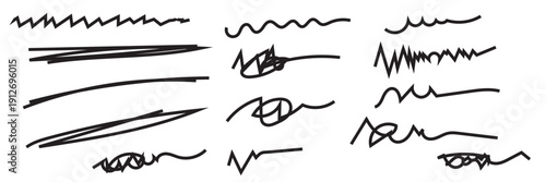 Black Marker Scribble Strokes Collection Set. Set of black  marker scribble strokes and highlights isolated on transparent background, ideal for design elements, annotations, and creative accents.
