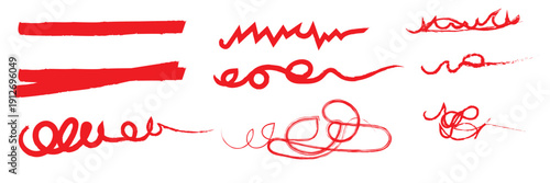 Red Marker Scribble Strokes Collection Set. Set of red marker scribble strokes and highlights isolated on transparent background, ideal for design elements, annotations, and creative accents.
