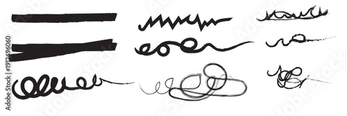 Black Marker Scribble Strokes Collection Set. Set of black  marker scribble strokes and highlights isolated on transparent background, ideal for design elements, annotations, and creative accents.
