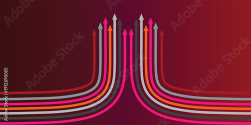 Abstract illustration of multiple colorful lines curving upwards and forming arrows against a dark red gradient background, symbolizing growth and progress.