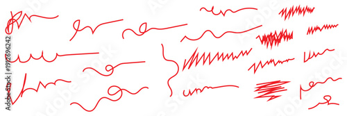 Red Marker Scribble Strokes Collection Set. Set of red marker scribble strokes and highlights isolated on transparent background, ideal for design elements, annotations, and creative accents.
