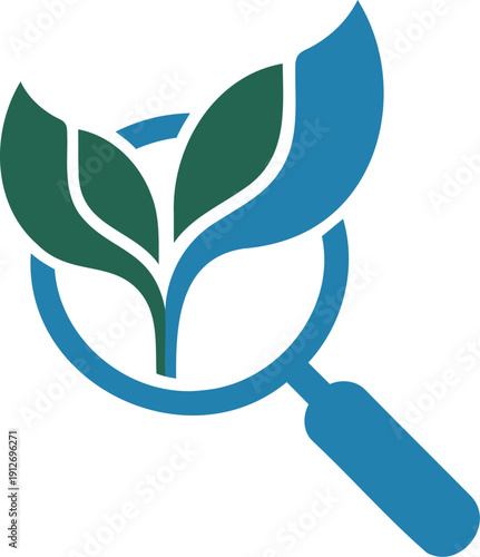 Blue magnifying glass over green and blue leaves leaf