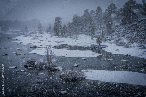 Frozen River Islands During Heavy Snowstorm in Norway
