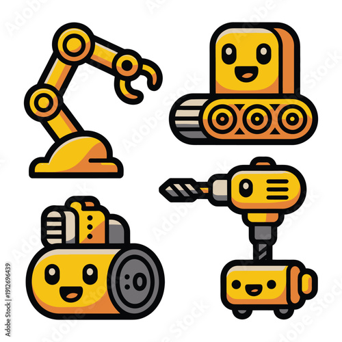 Cheerful Machinery: A delightful collection of cartoonish machinery, each with its own unique personality, ready to bring smiles to construction and engineering concepts.