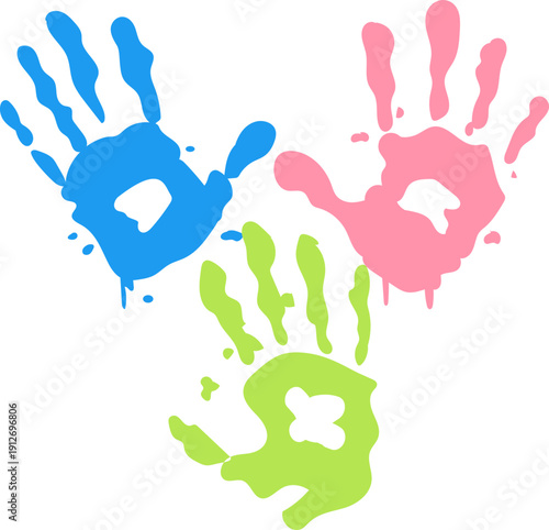 Creative paint hands prints. Happy childhood design. Artistic kids stamp, bright human fingers and palm. Vector illustration.Handprints icon vector illustration. Colorful and Black handprints set.