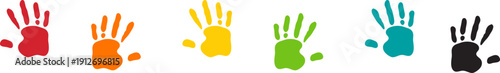Creative paint hands prints. Happy childhood design. Artistic kids stamp, bright human fingers and palm. Vector illustration.Handprints icon vector illustration. Colorful and Black handprints set.