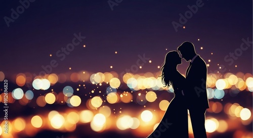 Romantic Couple Silhouette at Night with Golden Bokeh Lights Background