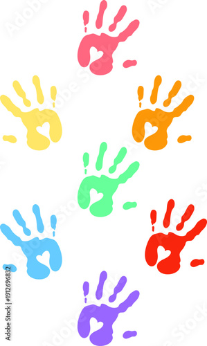 Creative paint hands prints. Happy childhood design. Artistic kids stamp, bright human fingers and palm. Vector illustration.Handprints icon vector illustration. Colorful and Black handprints set.