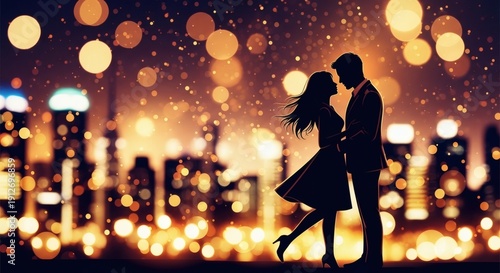 Romantic Couple Silhouette Dancing with Golden City Bokeh Lights at Night