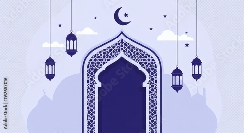 Islamic Ramadan Background with Ornate Arch, Crescent Moon and Hanging Lanterns