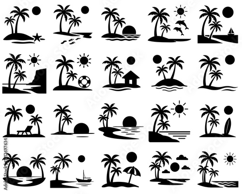 Illustration of collection of tropical island silhouettes with palm trees and sunny skies